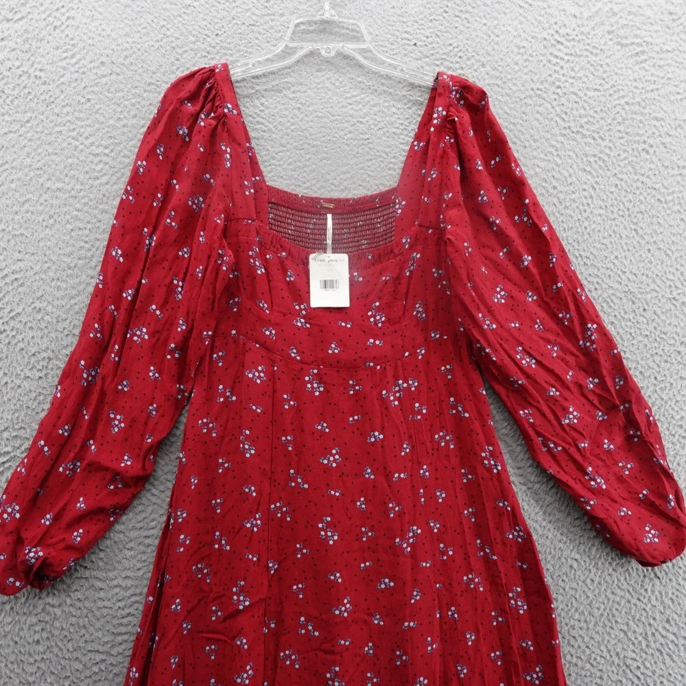 NWT Free People Iris Floral Midi Dress‎ Size Small Wine Red Womens Smocked Boho
